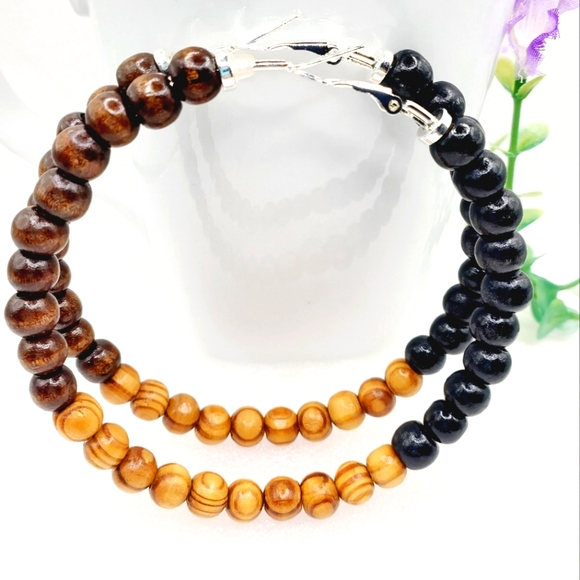 Hoop earrings with wooden beads, large hoop earrings. 2.9 Inches - Picture 4 of 4